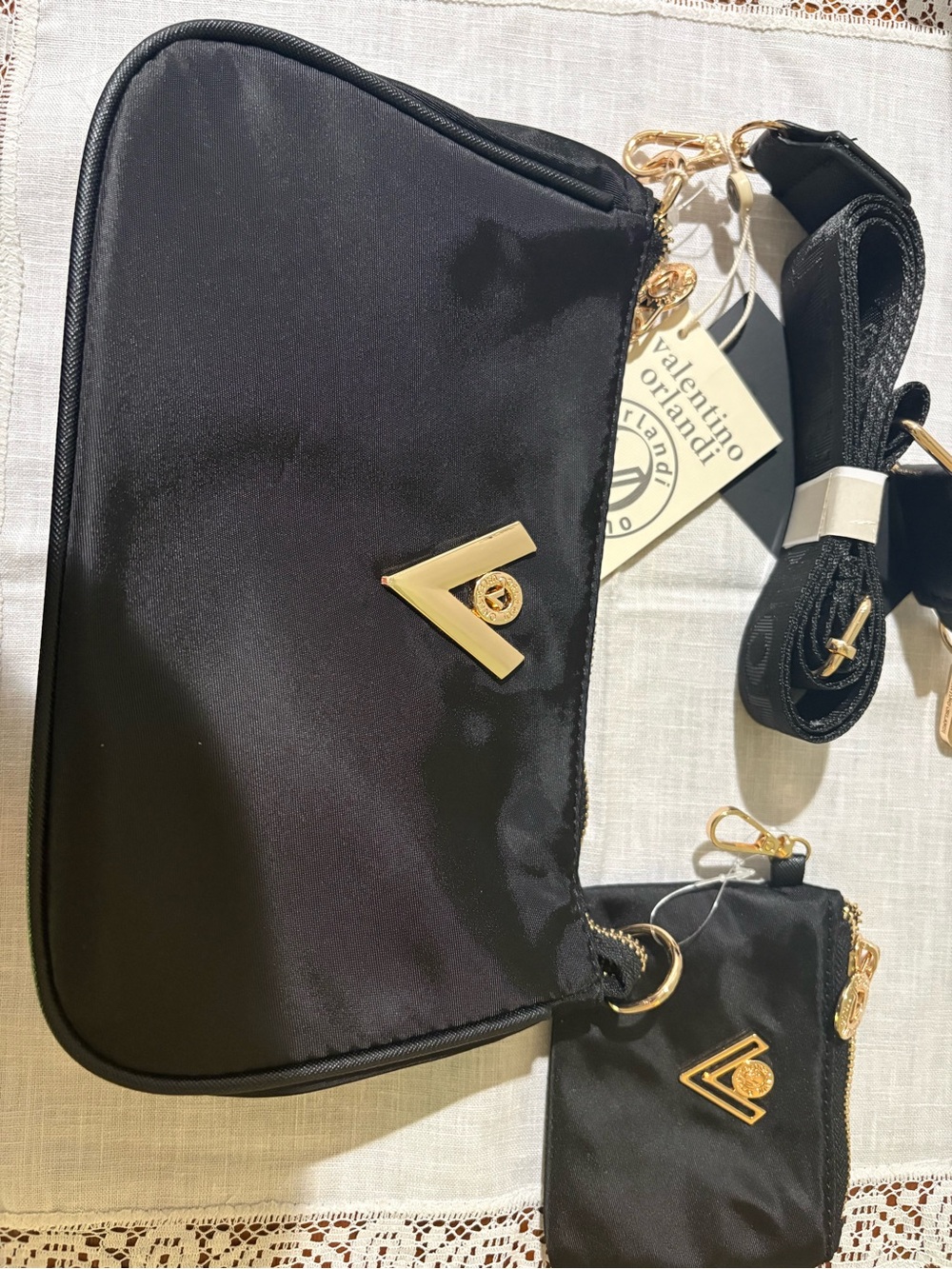 Valentino Orlandi Black Shoulder Bag with Gold V Emblem
